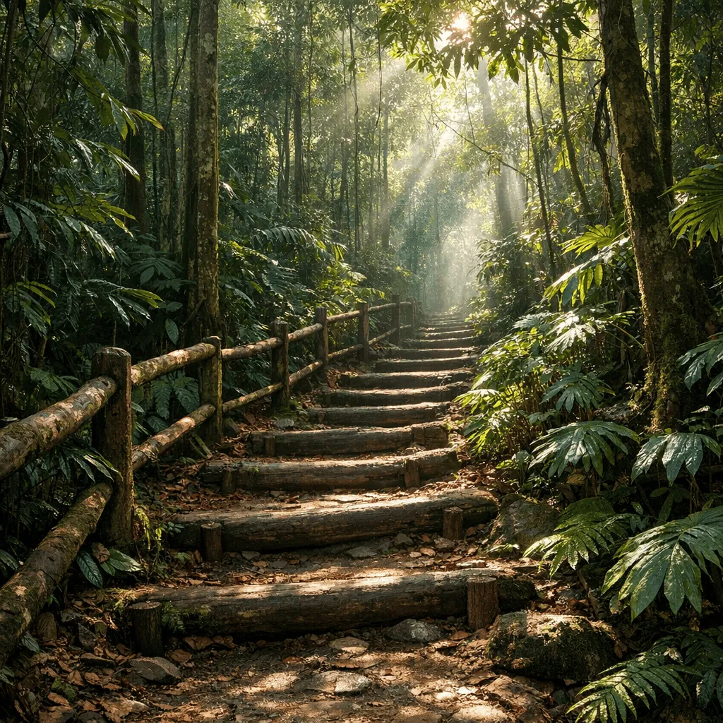 shaded-rainforest-trail-at-forest-eco-park-with-wooden-steps-dense-foliage-and-filtered-morning-light Shaded rainforest trail at Forest eco park with wooden steps dense foliage and filtered morning light